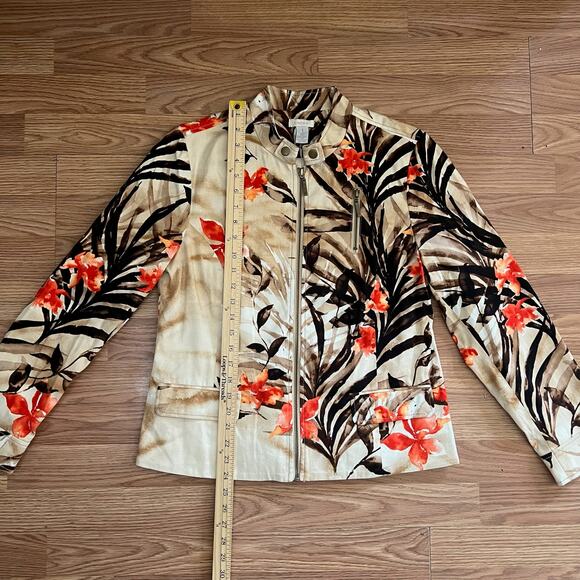 Chico’s Floral Bomber Jacket M | Tropical Zip Up Lightweight Resort Coat Coral - Picture 3 of 6